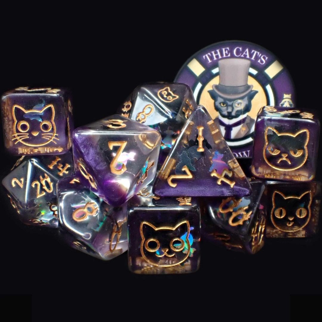 dnd DICE SET 11 CAT'S MEOW Purple w/ Cats &amp; Gold