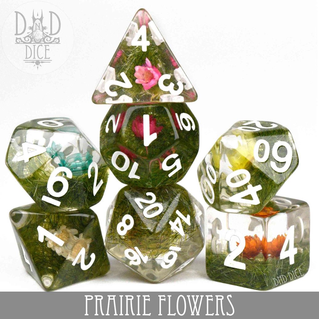 dnd DICE SET 7 PRAIRIE FLOWERS Clear w/ Flowers, Grass, &amp; White