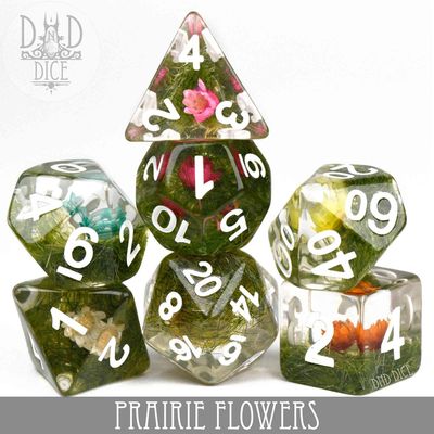 dnd DICE SET 7 PRAIRIE FLOWERS Clear w/ Flowers, Grass, &amp; White