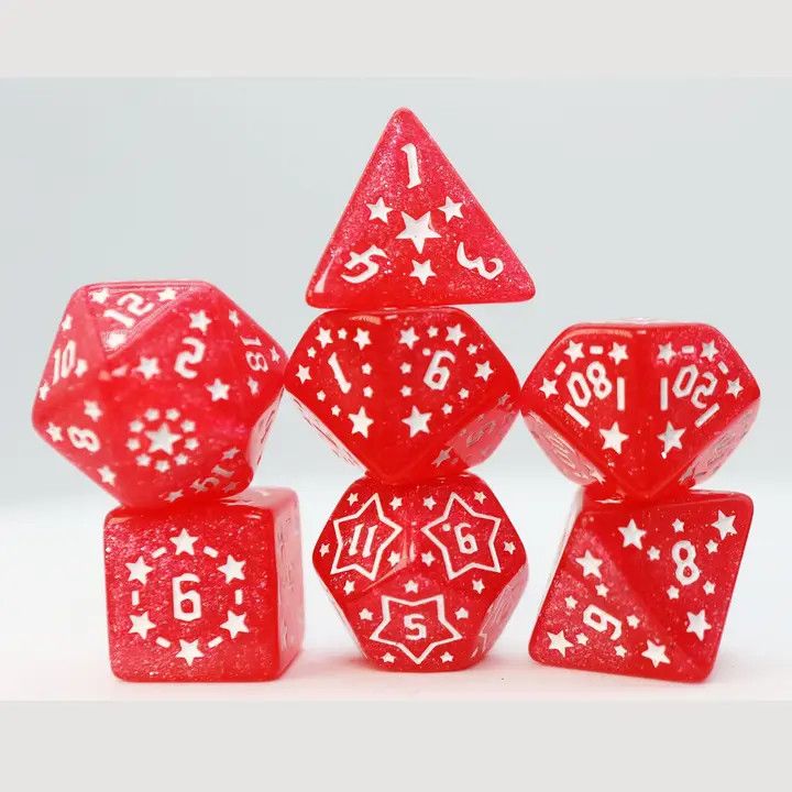 fb DICE SET 7 SHOOTING STARS LITHIUM Glitter Red w/ White