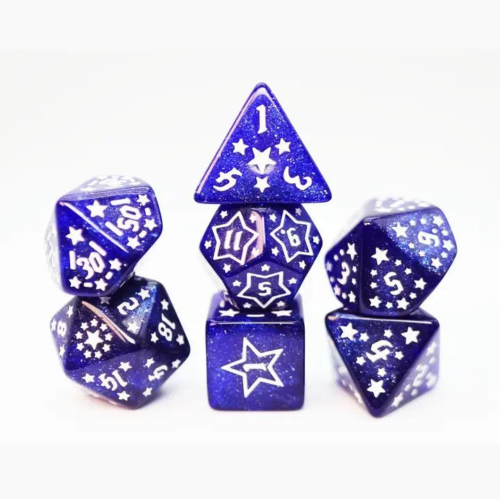 fb DICE SET 7 SHOOTING STARS CESIUM Glitter Blue w/ White