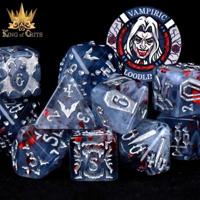 dnd DICE SET 11 VAMPIRIC BLOODLINE Cloudy Blue &amp; Red w/ Silver