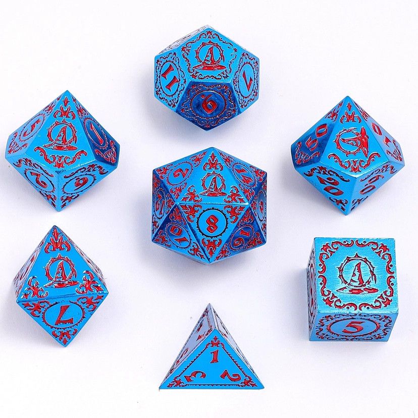 hym DICE SET 7 METAL WIZARD BLUE w/ RED