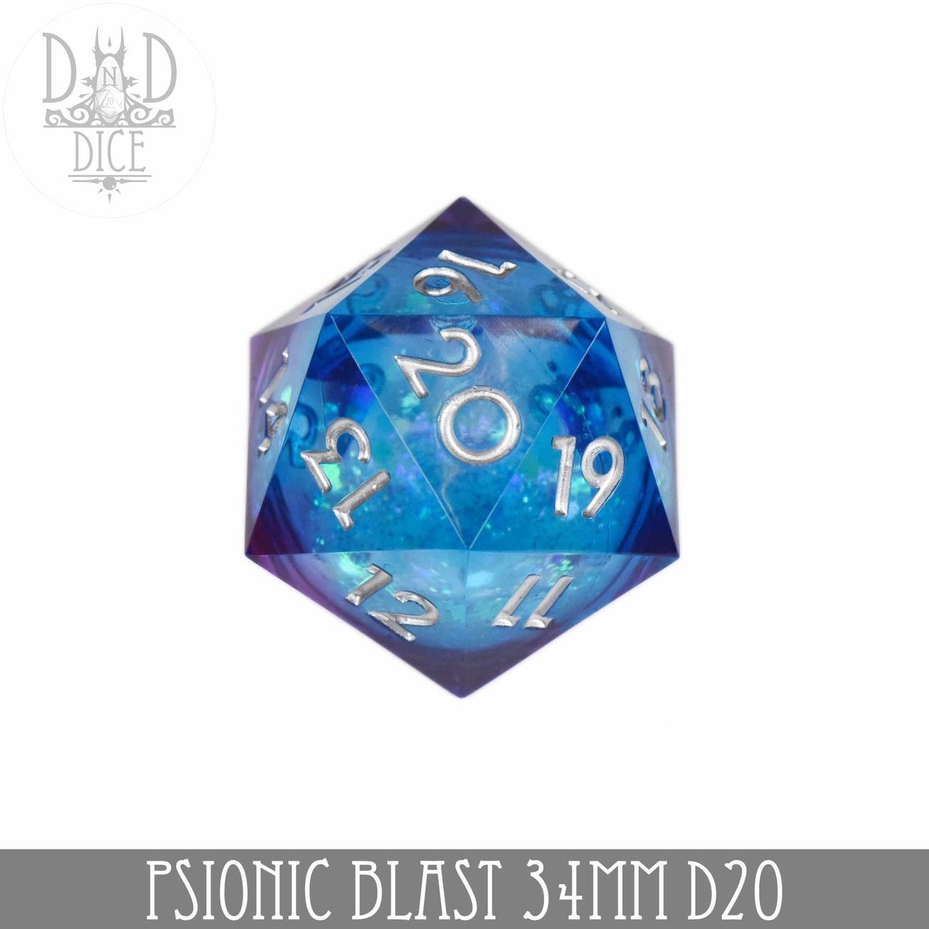DICE D20 34mm LIQUID CORE COUNTDOWN - PSIONIC BLAST Blue w/ Silver