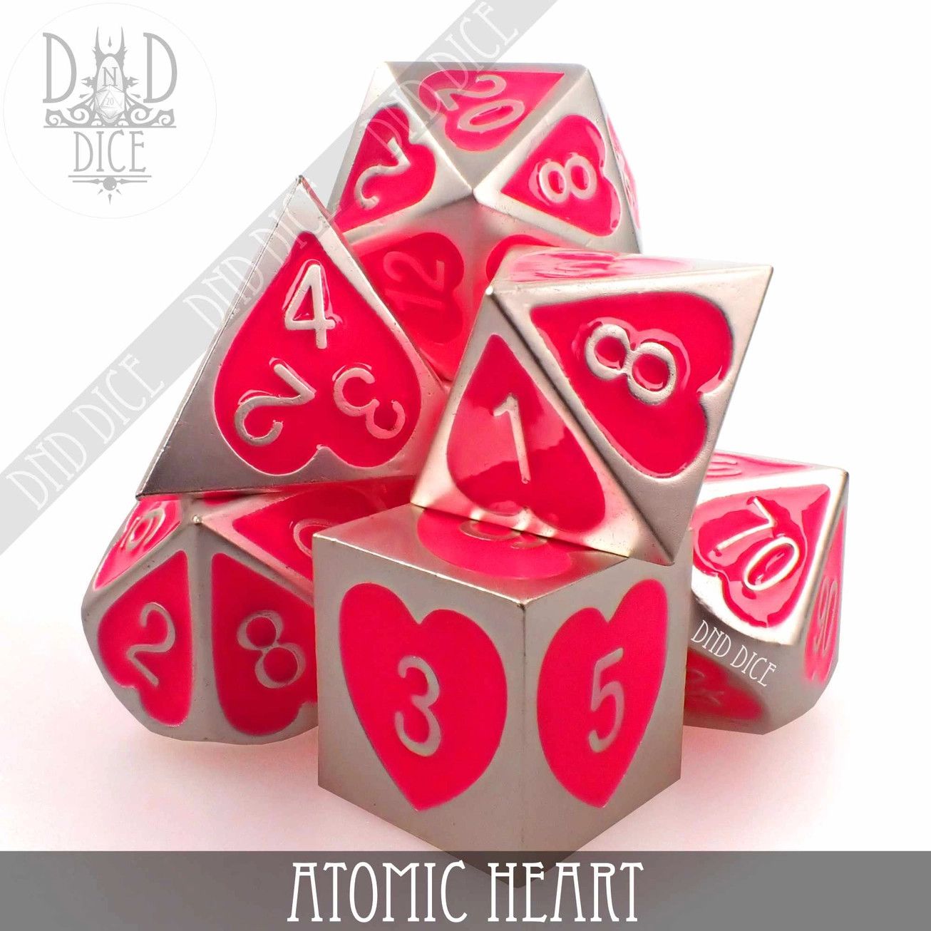 dnd DICE SET 7 METAL ATOMIC HEART Matte Silver w/ Bright Orange