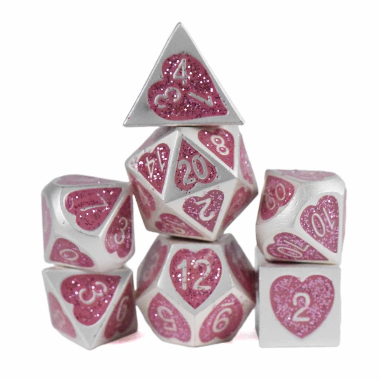 dnd DICE SET 7 METAL TENDER HEART Matte Silver w/ Glittery Pink