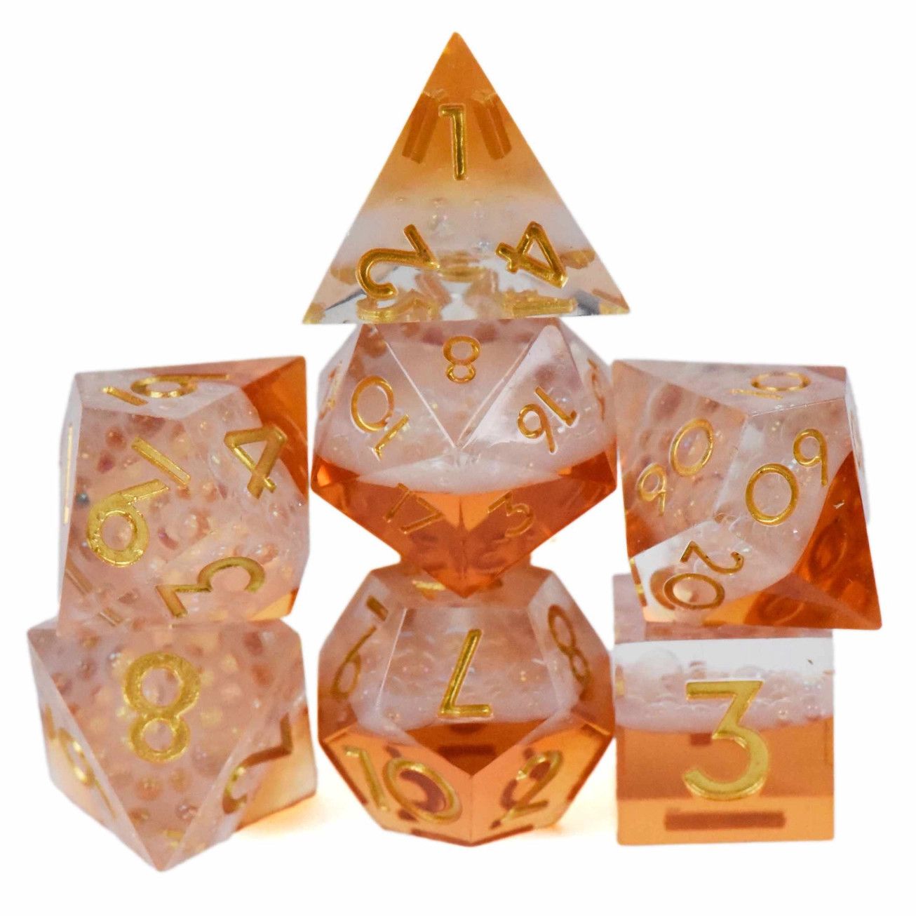 dnd DICE SET 7 HANDMADE - HOLD MY BEER Tan &amp; Clear w/ Bubbles &amp; Gold