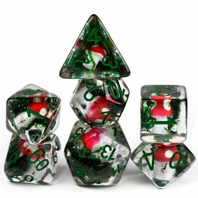 dnd DICE SET 7 MUSHROOMCORE Clear w/ Red Mushroom, Grass, &amp; Green