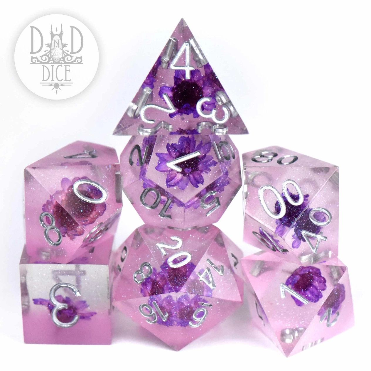 dnd DICE SET 7 SHARP HANDMADE - VISION OF BEAUTY Pink w/ Silver