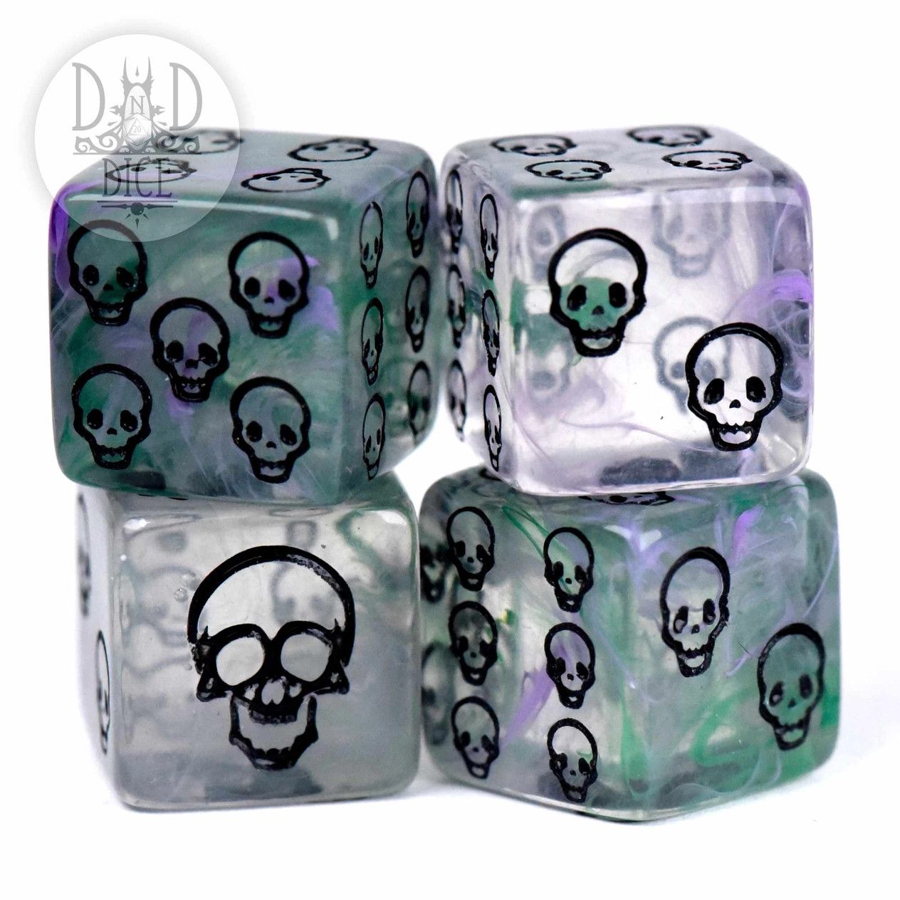 DICE SET D6 16mm (4) DEATH'S DECAY Clear-Green-Purple w/ Black