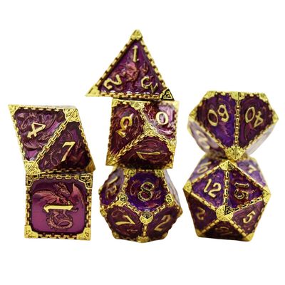 fb DICE SET 7 METAL CHAINED DRAGON Royal Purple w/ Gold