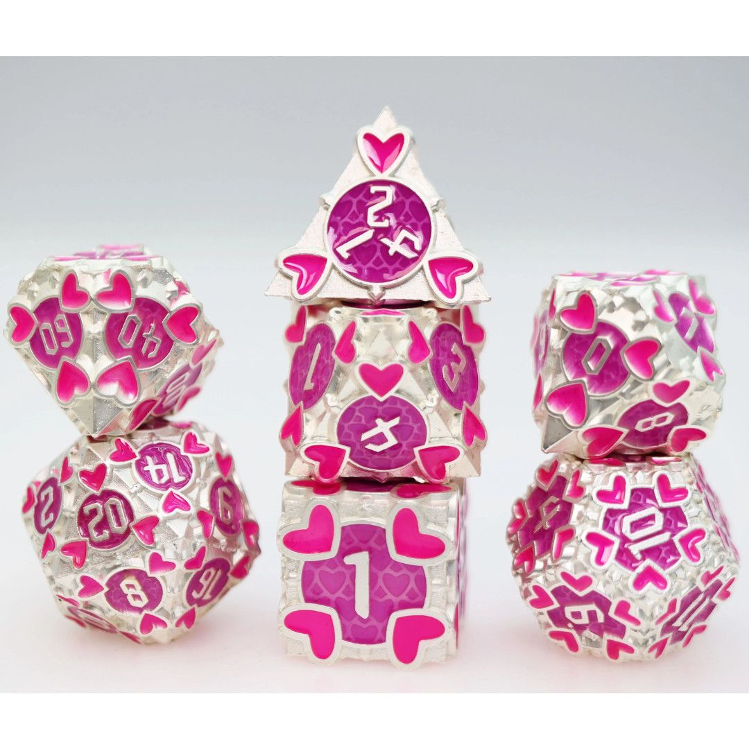fb DICE SET 7 METAL EROTES' ARROW - HEDYLOGOS Silver w/ Pink