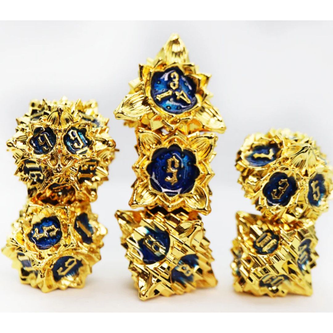 fb DICE SET 7 METAL FLORAL STARBURST Golden Sweet Pea