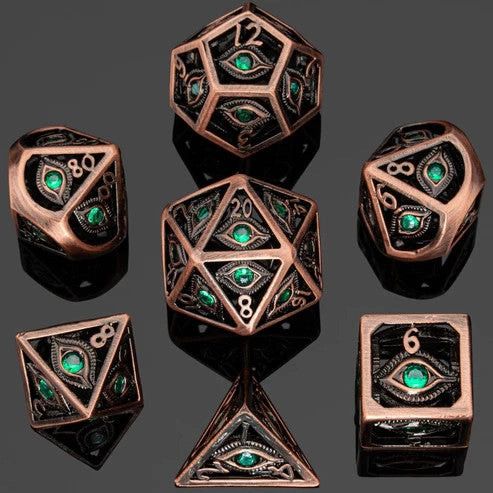 hym DICE SET 7 METAL HOLLOW DRAGON'S EYE - Emerald Gems