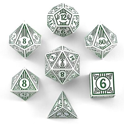 hym DICE SET 7 METAL BARD WHITE w/ GREEN