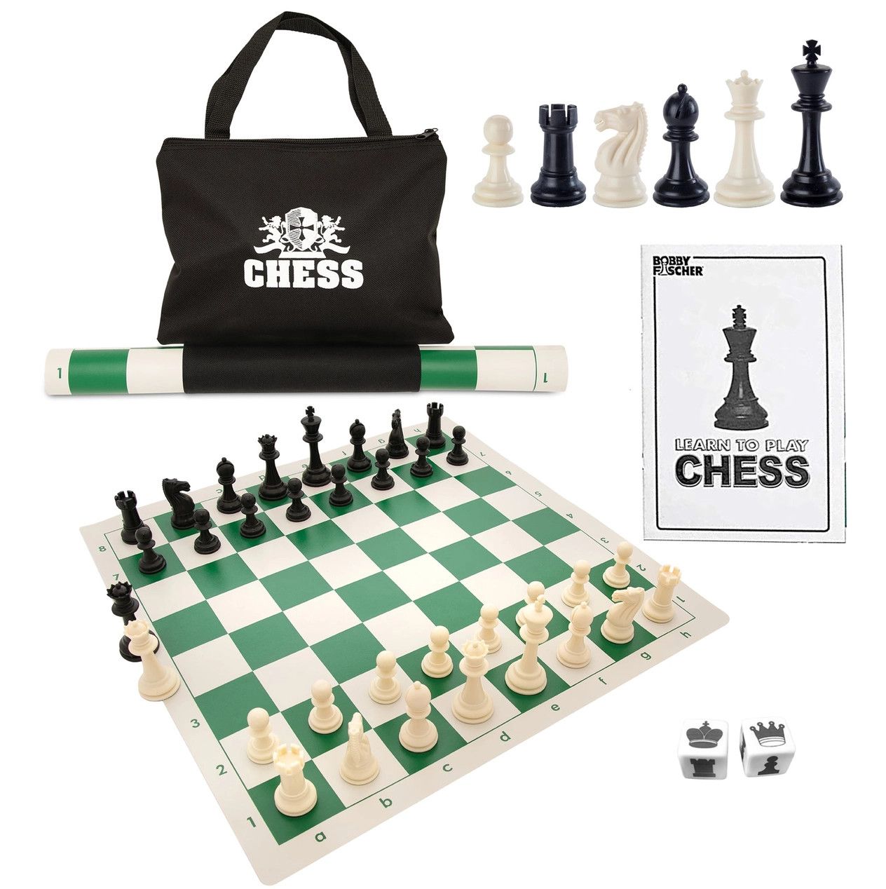 CHESS SET 3.75" PLASTIC TOURNAMENT 2Q on 20" VINYL BOARD Green