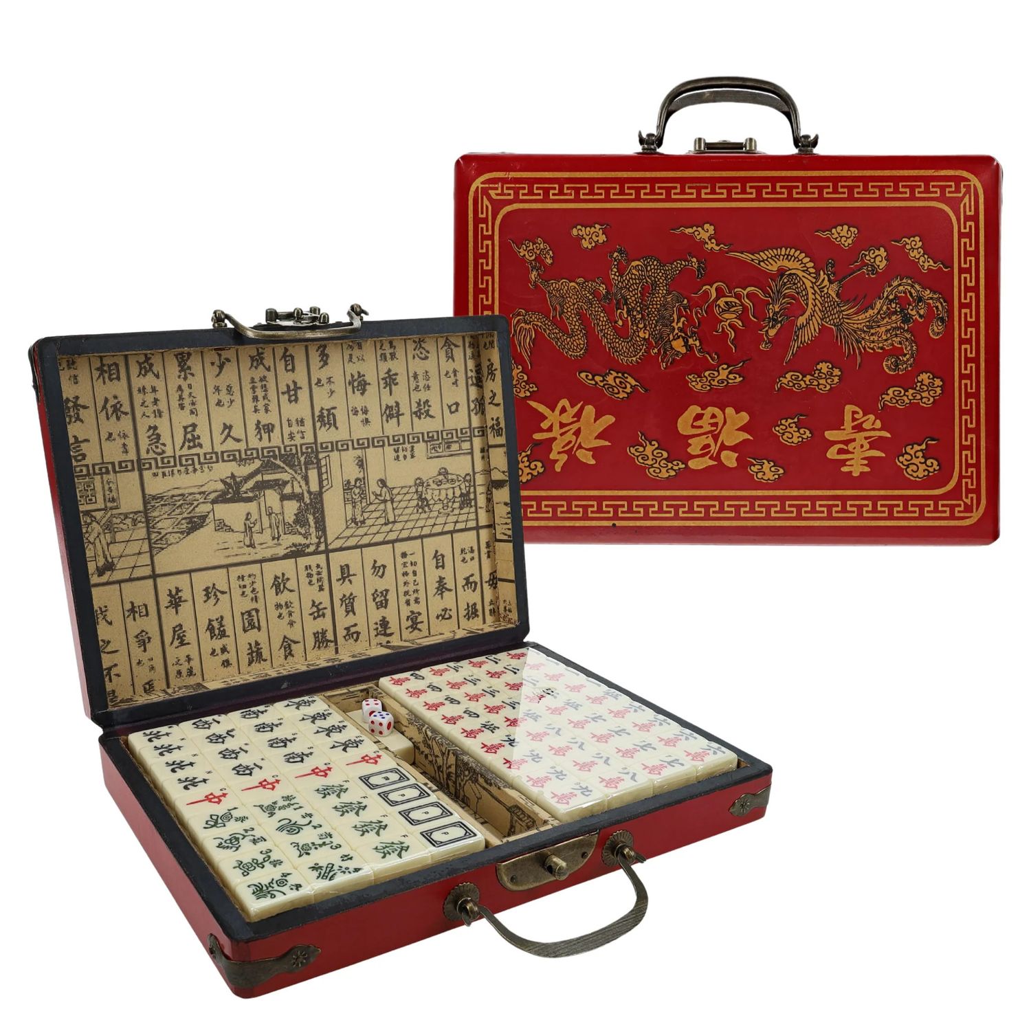 MAHJONG SET CHINESE in RED LEATHERETTE TRAVEL CASE