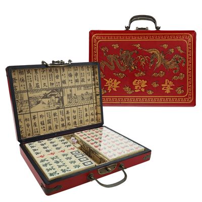MAHJONG SET CHINESE in RED LEATHERETTE TRAVEL CASE
