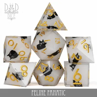 dnd DICE SET 7 HANDMADE - FELINE FANATIC White w/ Black Cats &amp; Gold