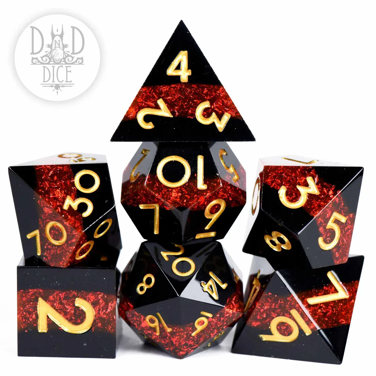 dnd DICE SET 7 HANDMADE - STAR BELT Black w/ Red &amp; Gold