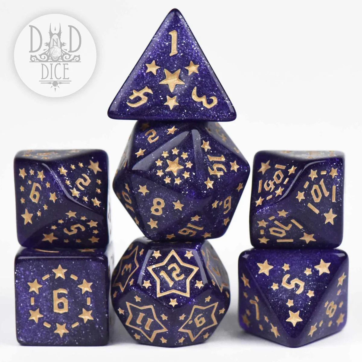 dnd DICE SET 7 TWINKLE LITTLE STAR Dark Purple w/ Glitter &amp; Gold