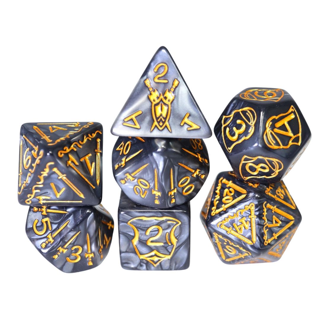 fb DICE SET 7 QUEEN'S ARMORY 25mm CURSED Black w/ Gold