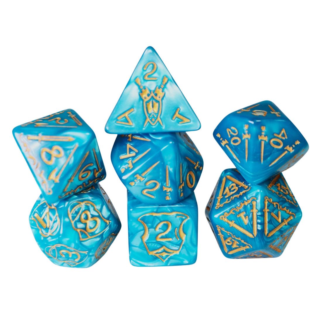 fb DICE SET 7 QUEEN'S ARMORY 25mm AQUATIC Light Blue w/ Gold