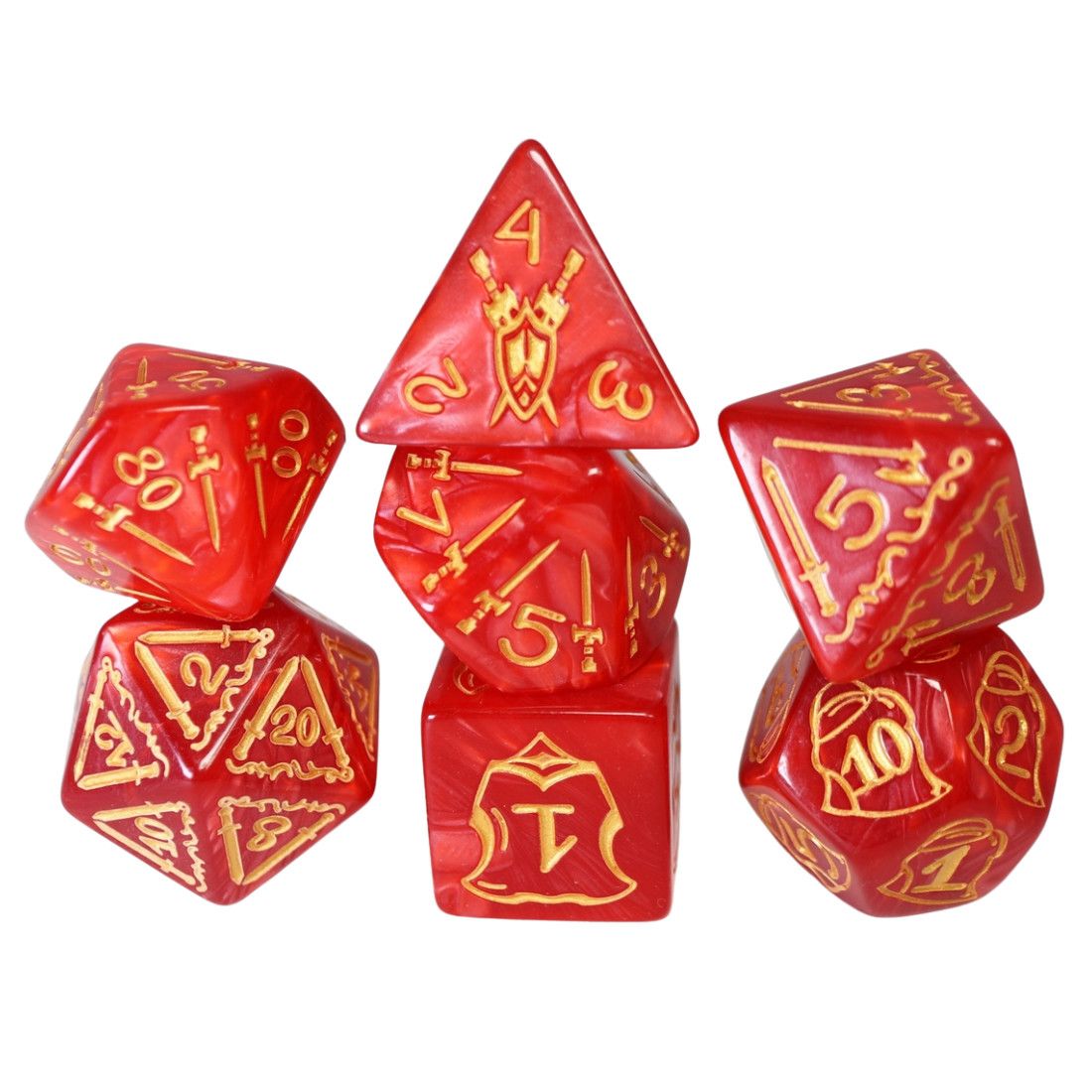fb DICE SET 7 QUEEN'S ARMORY 25mm INFERNAL Red w/ Gold
