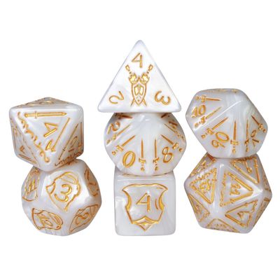 fb DICE SET 7 QUEEN'S ARMORY 25mm HOLY White w/ Gold