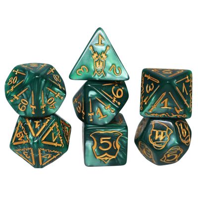 fb DICE SET 7 QUEEN'S ARMORY 25mm WOODLAND Green w/ Gold