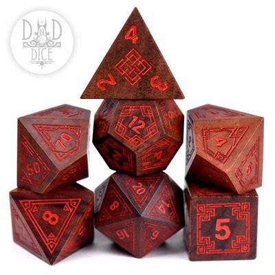 dnd DICE SET 7 WOOD - INTERLINKED Guibortia w/ Red