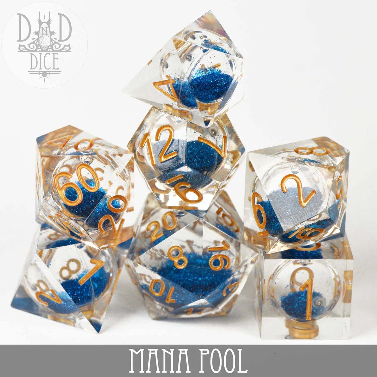 dnd DICE SET 7 LIQUID CORE MANA POOL Clear w/ Blue Glitter &amp; Yellow