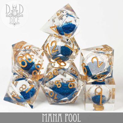 dnd DICE SET 7 LIQUID CORE MANA POOL Clear w/ Blue Glitter &amp; Yellow