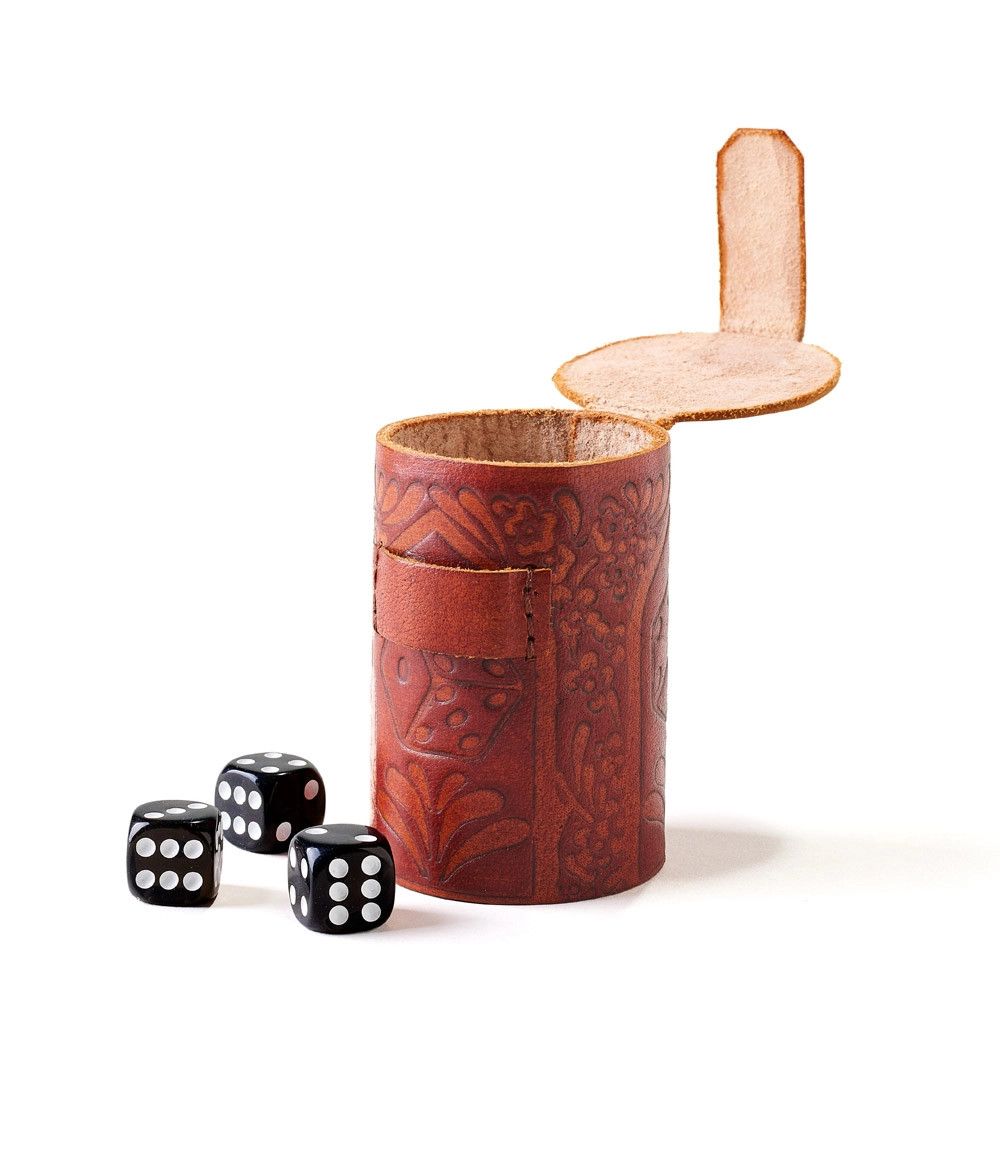DICE CUP - HAND-TOOLED LEATHER w/ 6 DICE