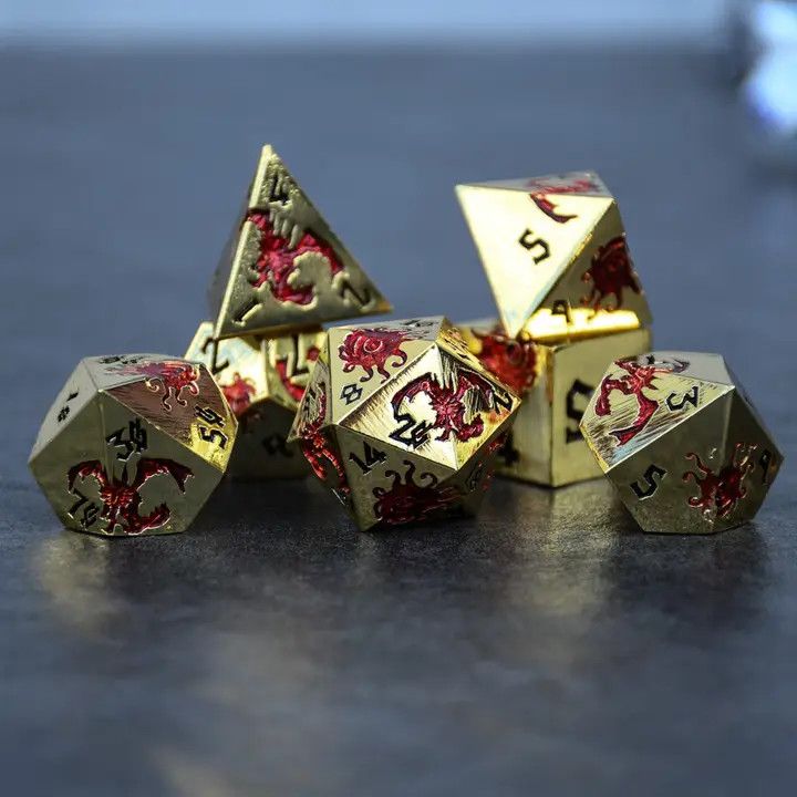 mmg DICE SET 7 METAL MONSTER MANUAL Gold &amp; Red w/ Black