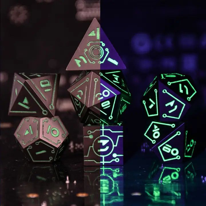 mmg DICE SET 7 METAL CYBERLINK NEON Black w/ Green &amp; Green Glow