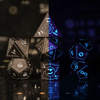mmg DICE SET 7 METAL CYBERLINK NEON Black w/ White &amp; Cyan Glow