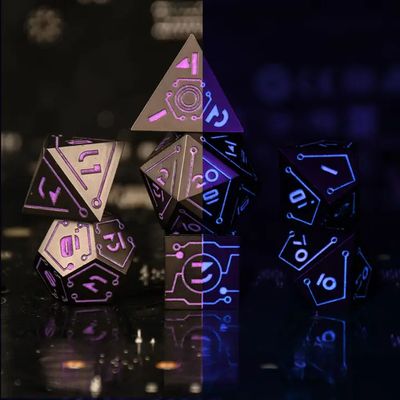 mmg DICE SET 7 METAL CYBERLINK NEON Black w/ Purple &amp; Blue Glow