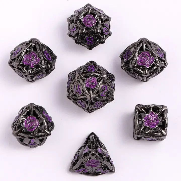hym DICE SET 7 METAL HOLLOW ROSE Gunmetal w/ Purple