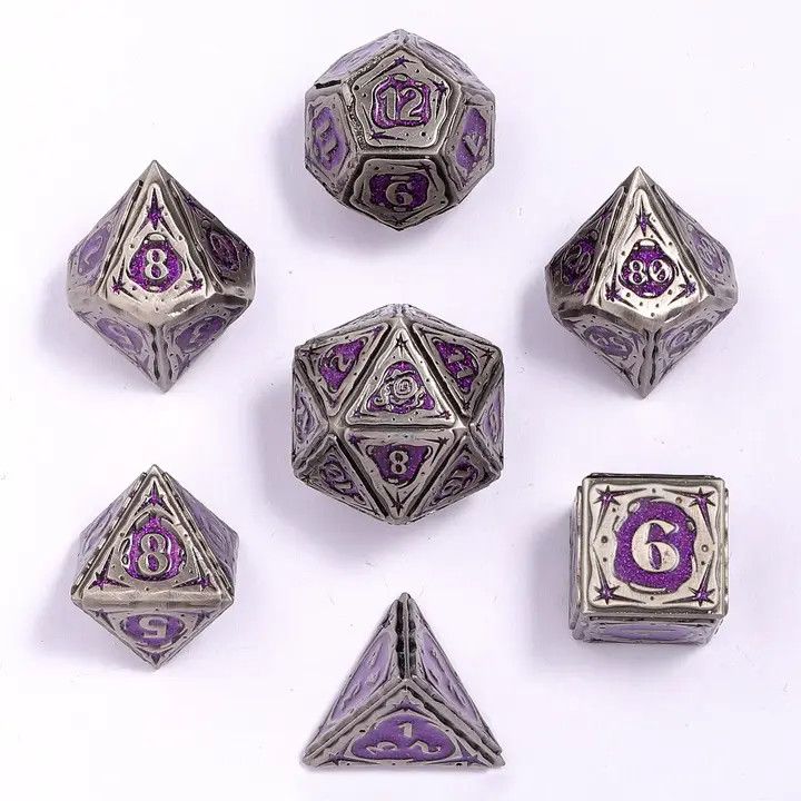 hym DICE SET 7 METAL SORCERER Ancient Silver w/ Purple Glitter