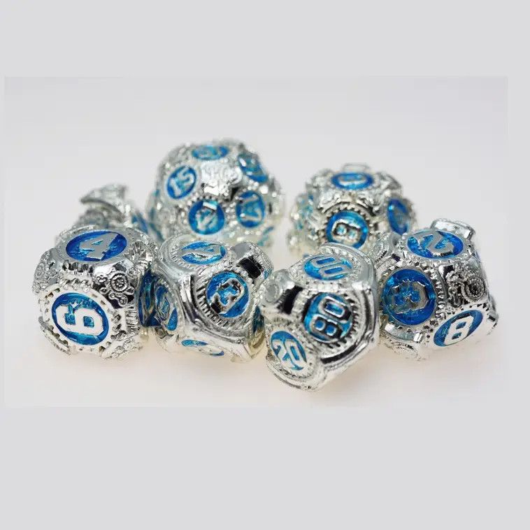 fb DICE SET 7 METAL AIRSHIP GEARS ANTARCTIC EXPEDITION Silver w/ Blue