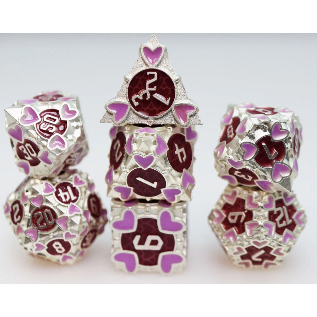 fb DICE SET 7 METAL EROTES' ARROW HYMENAIOS Silver w/ Pink &amp; Red