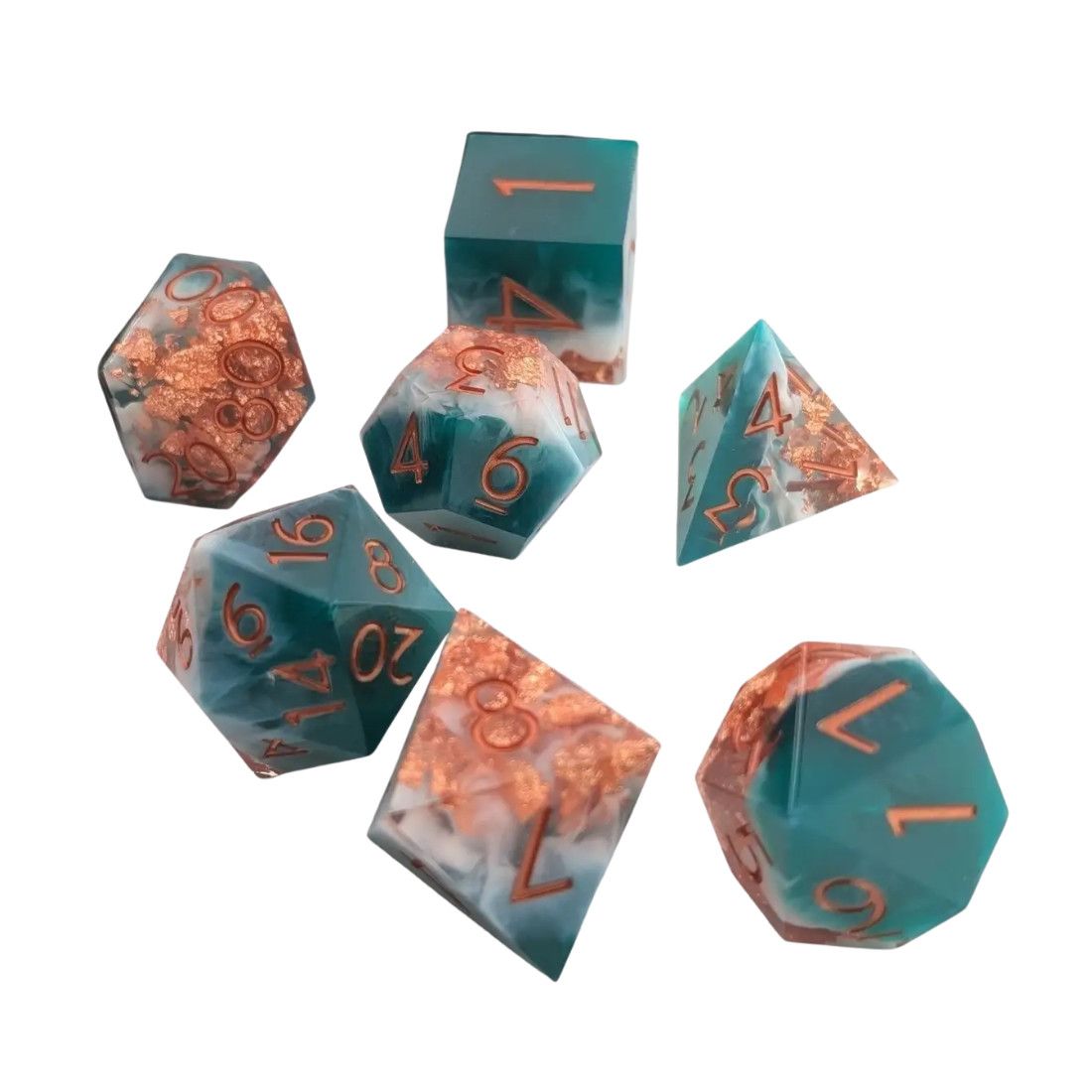 eb DICE SET 7 SHARP-EDGE SEAFARER'S BOUNTY Sea Foam w/ Foil &amp; Copper