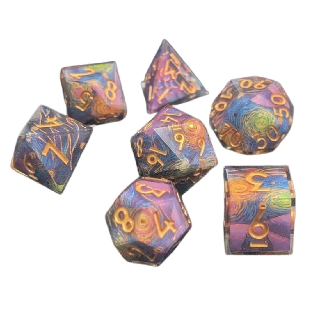 eb DICE SET 7 SHARP-EDGE STARRY CORE Layered Painting w/ Gold