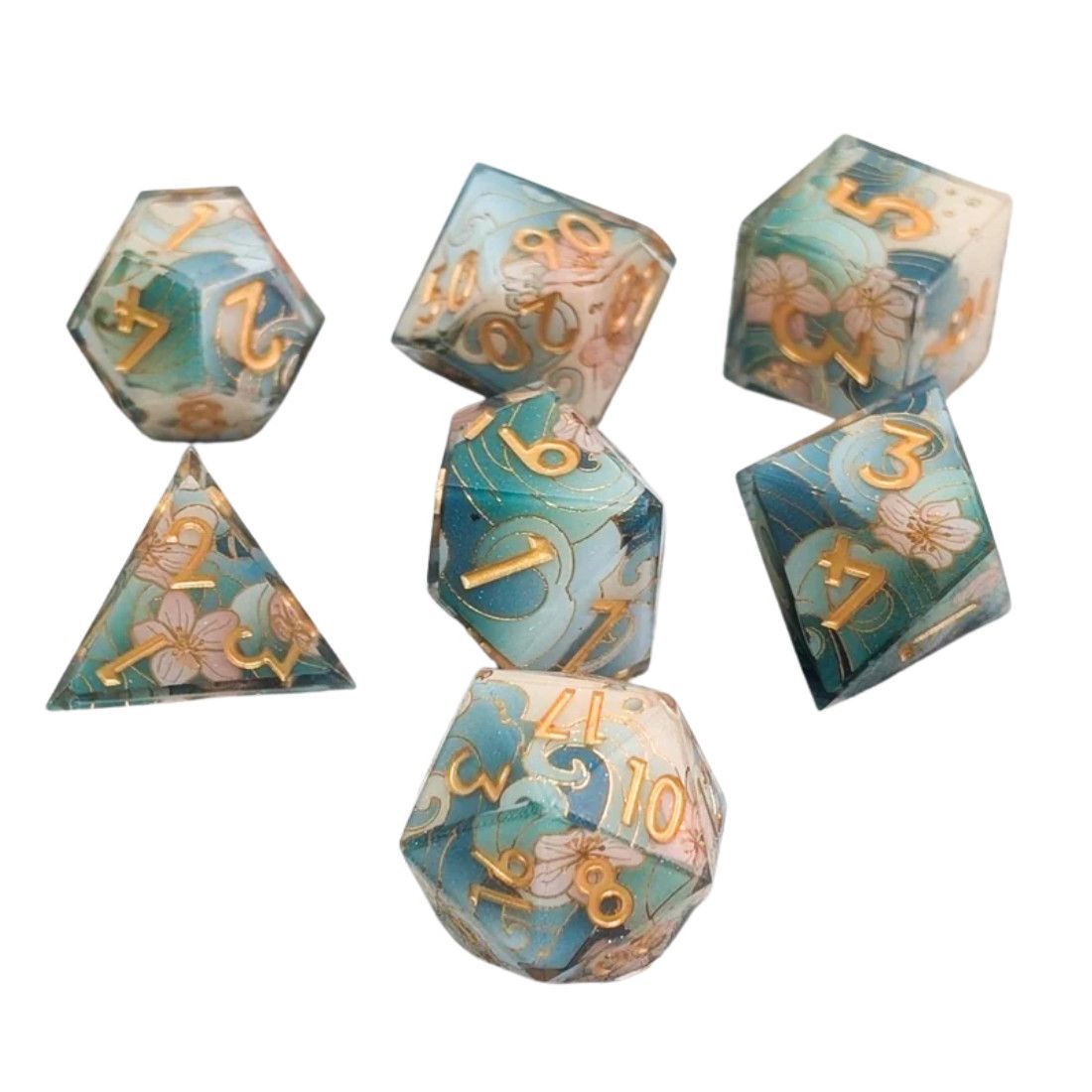 eb DICE SET 7 SHARP-EDGE TIDAL FOCUS Flowers &amp; Waves w/ Gold