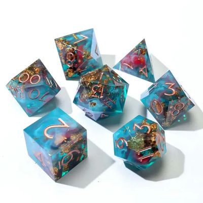 eb DICE SET 7 SHARP-EDGE UNDERTOW Teal &amp; Pink w/ Foil &amp; Gold