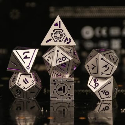mmg DICE SET 7 METAL CYBERLINK INFOSEC Silver w/ Purple