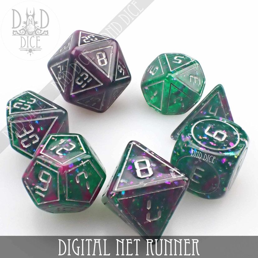 dnd DICE SET 7 DIGITAL NET RUNNER Clear w/ Green, Purple, &amp; Silver