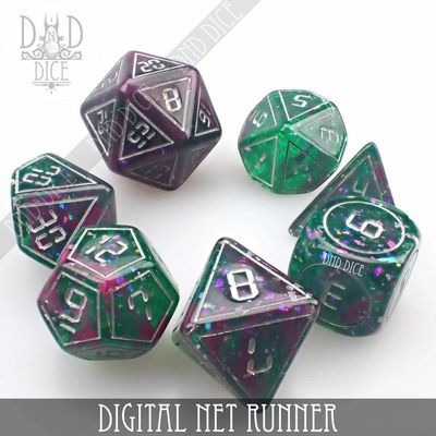 dnd DICE SET 7 DIGITAL NET RUNNER Clear w/ Green, Purple, &amp; Silver