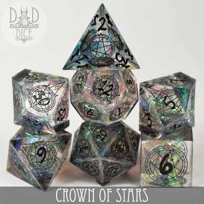 dnd DICE SET 7 HANDMADE - CROWN OF STARS Clear w/ Rainbow Foil &amp; Black